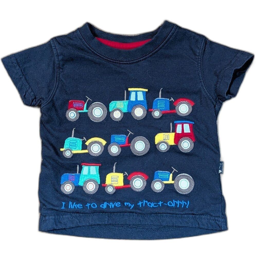JoJo Maman Bébé Boys Tractor Print Embroidered T-shirt Navy Blue 6-12m